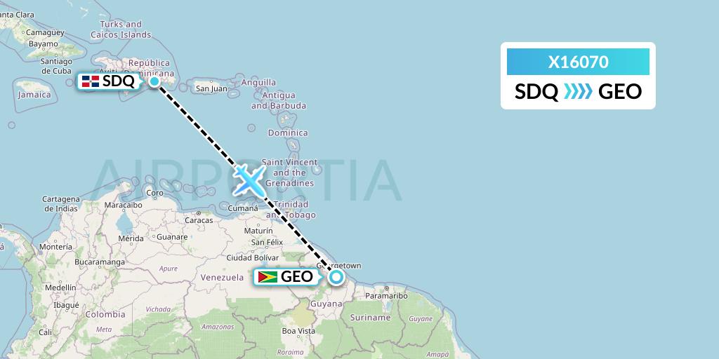 X16070 Nik Airways Flight Map: Santo Domingo to Georgetown