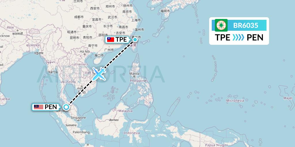 BR6035 EVA Air Flight Map: Taipei to Penang
