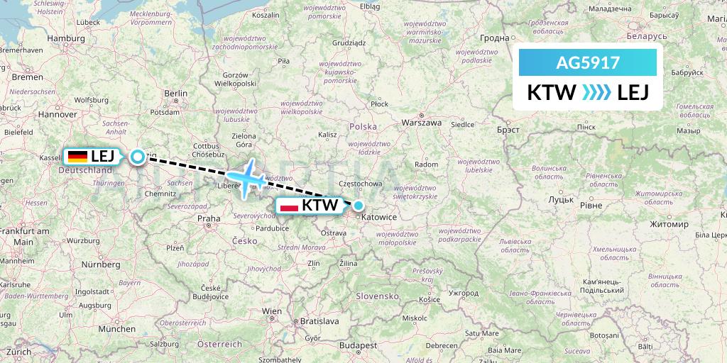 AG5917 Aruba Airlines Flight Map: Katowice to Leipzig