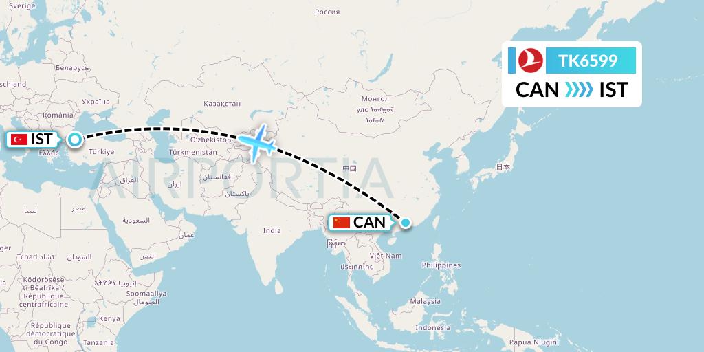 TK6599 Turkish Airlines Flight Map: Guangzhou to Istanbul