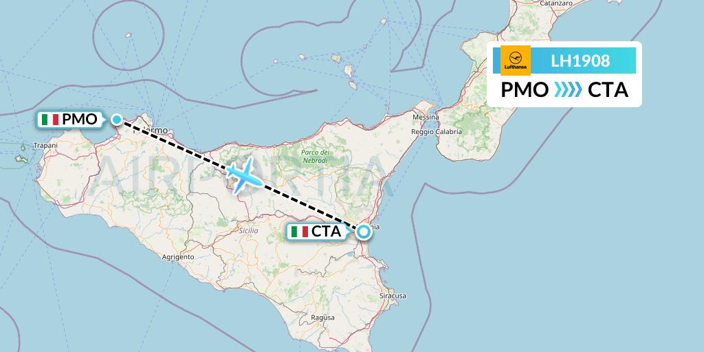 LH1908 Lufthansa Flight Map: Palermo to Catania