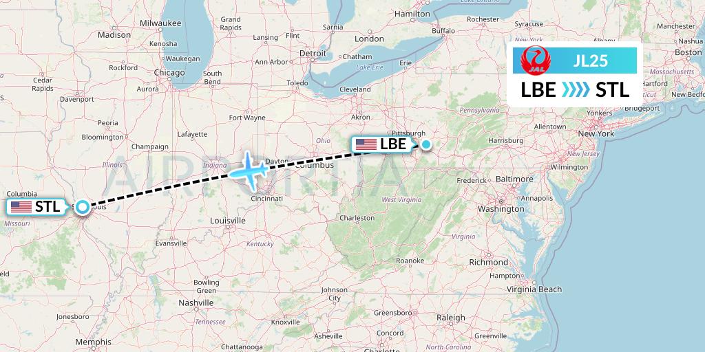 JL25 Japan Airlines Flight Map: Latrobe to St. Louis