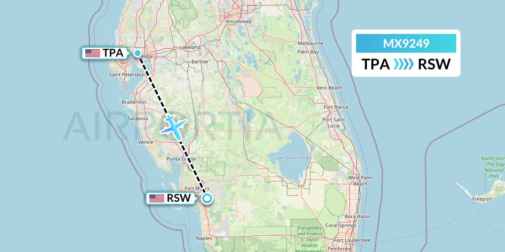 MX9249 Breeze Airways Flight Map: Tampa to Fort Myers