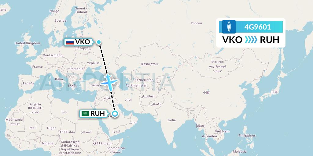 4G9601 Gazpromavia Flight Map: Moscow to Riyadh