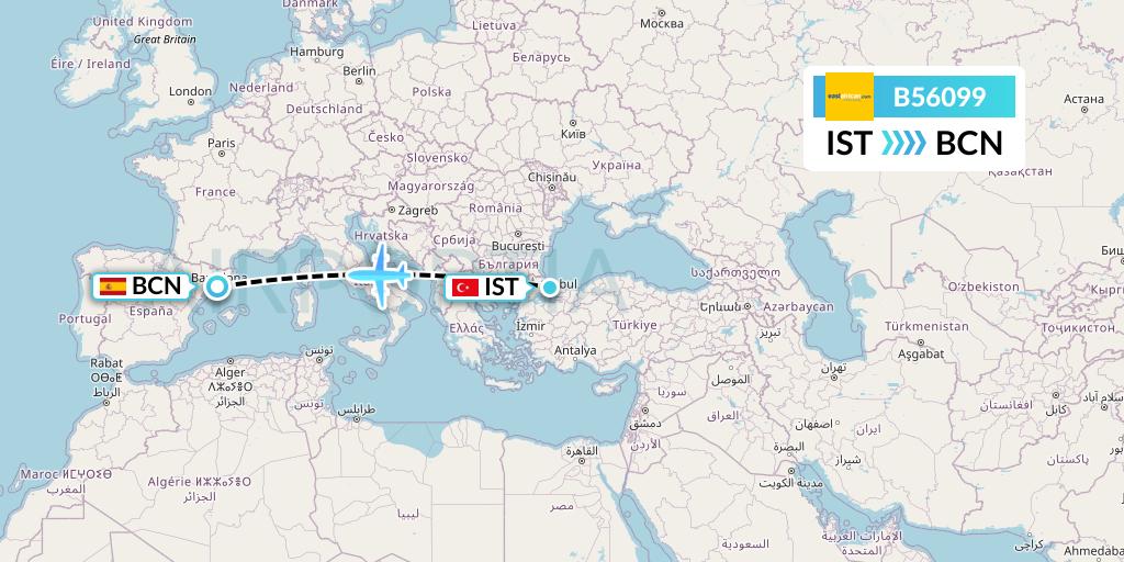 B56099 Fly SAX Flight Map: Istanbul to Barcelona