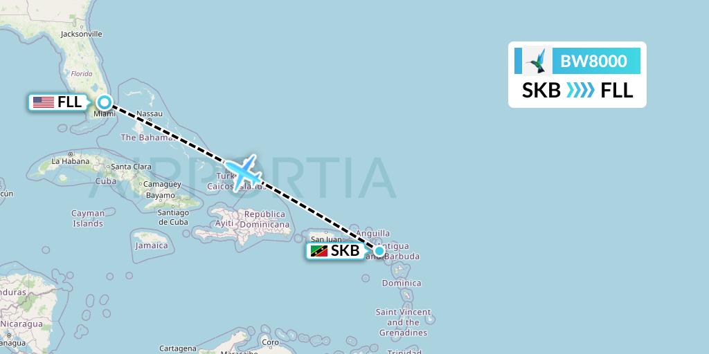 BW8000 Caribbean Airlines Flight Map: Basseterre to Fort Lauderdale