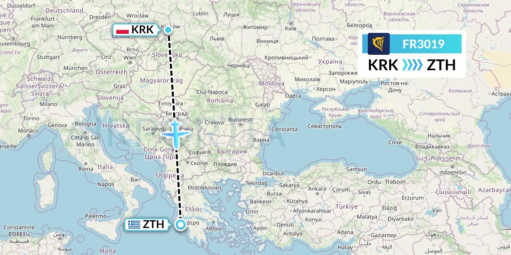 FR3019 Ryanair Flight Map: Krakow to Zakynthos