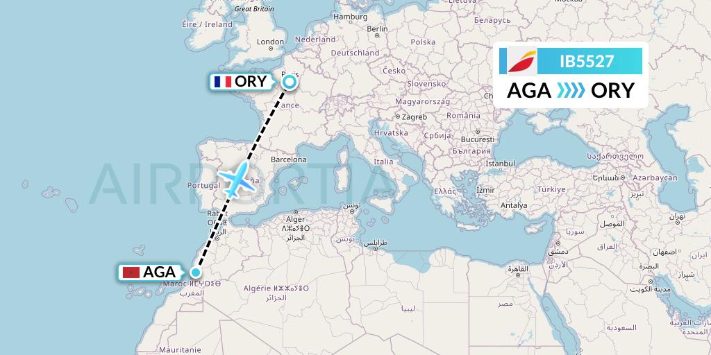 IB5527 Iberia Flight Map: Agadir to Paris