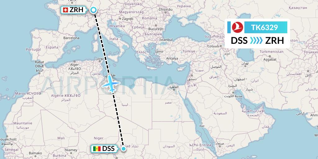 TK6329 Turkish Airlines Flight Map: Dakar to Zurich