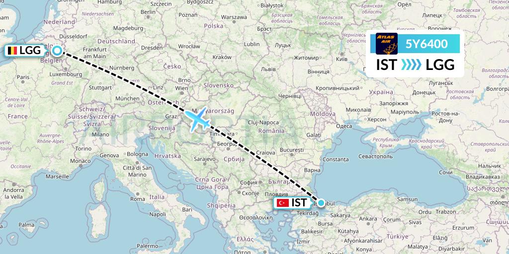 5Y6400 Atlas Air Flight Map: Istanbul to Liege
