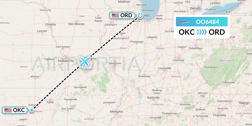 OO6484 SkyWest Airlines Flight Map: Oklahoma City to Chicago