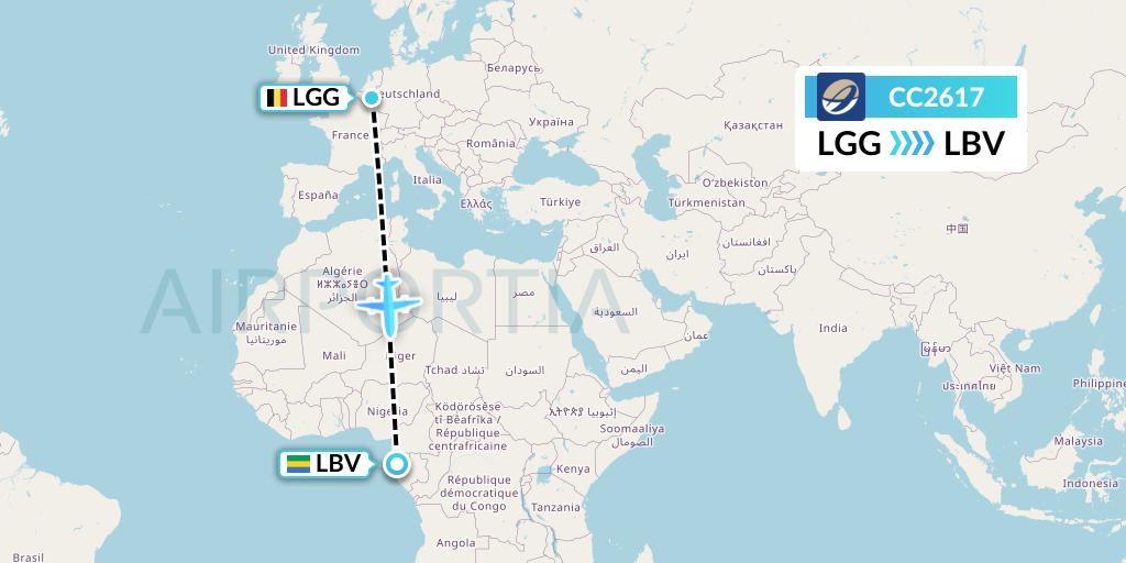 CC2617 CM Airlines Flight Map: Liege to Libreville