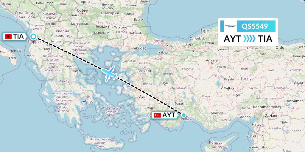 QS5549 Smartwings Flight Map: Antalya to Tirana