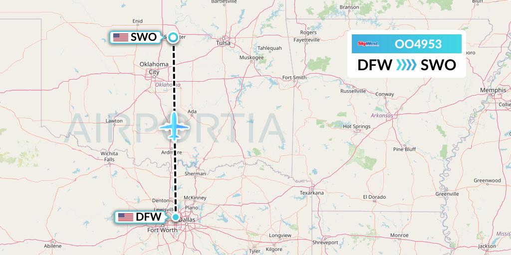 OO4953 SkyWest Airlines Flight Map: Dallas to Stillwater