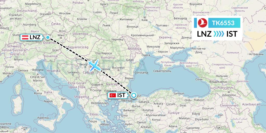 TK6553 Turkish Airlines Flight Map: Linz to Istanbul