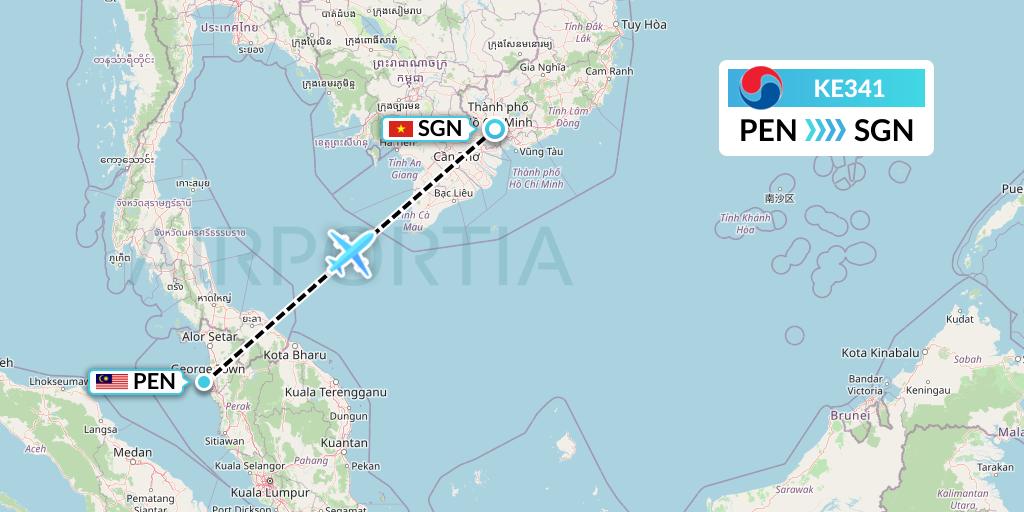 KE341 Korean Air Flight Map: Penang to Ho Chi Minh City