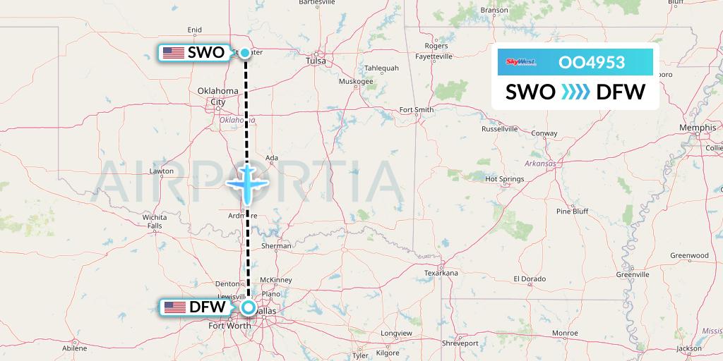 OO4953 SkyWest Airlines Flight Map: Stillwater to Dallas