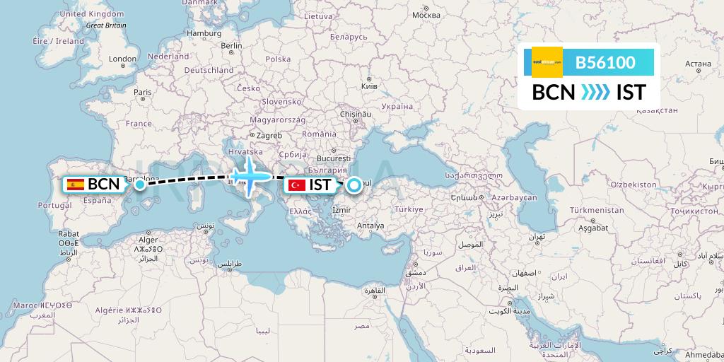 B56100 Fly SAX Flight Map: Barcelona to Istanbul