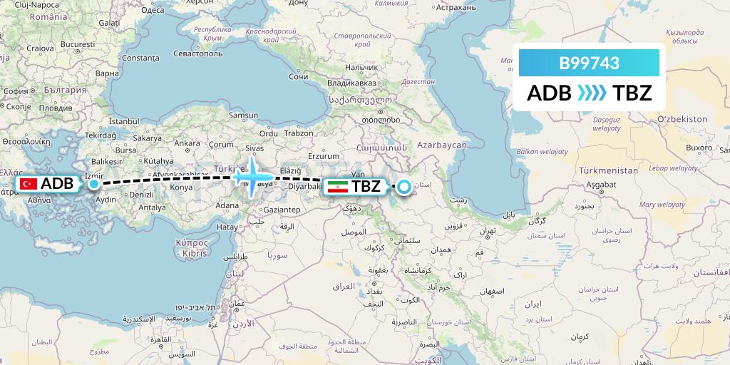 B99743 Iran Air Tours Flight Map: Izmir to Tabriz