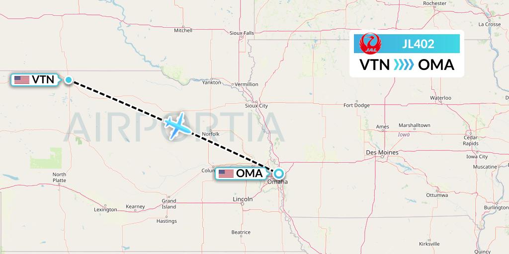 JL402 Japan Airlines Flight Map: Valentine to Omaha