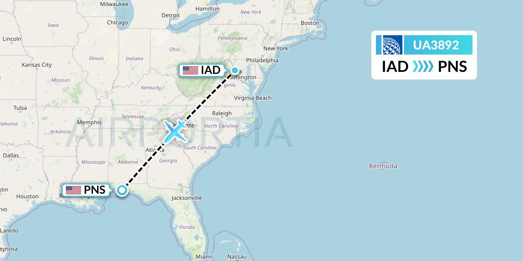 UA3892 United Airlines Flight Map: Washington to Pensacola