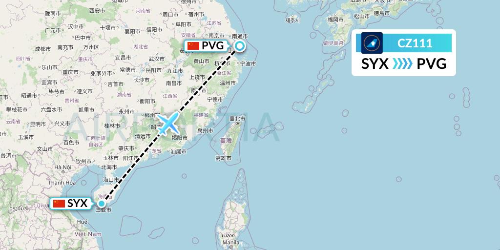 CZ111 China Southern Airlines Flight Map: Sanya to Shanghai