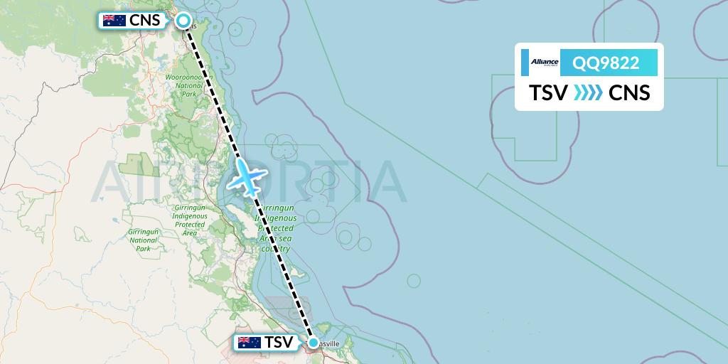 QQ9822 Alliance Airlines Flight Map: Townsville to Cairns
