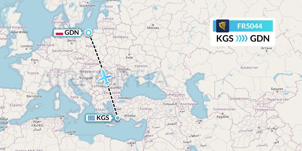 FR5044 Ryanair Flight Map: Kos to Gdansk
