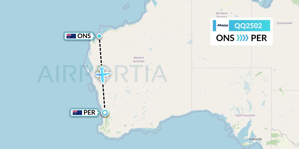 QQ2502 Alliance Airlines Flight Map: Onslow to Perth