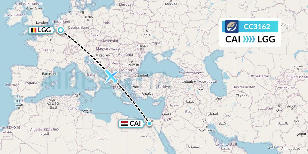 CC3162 CM Airlines Flight Map: Cairo to Liege