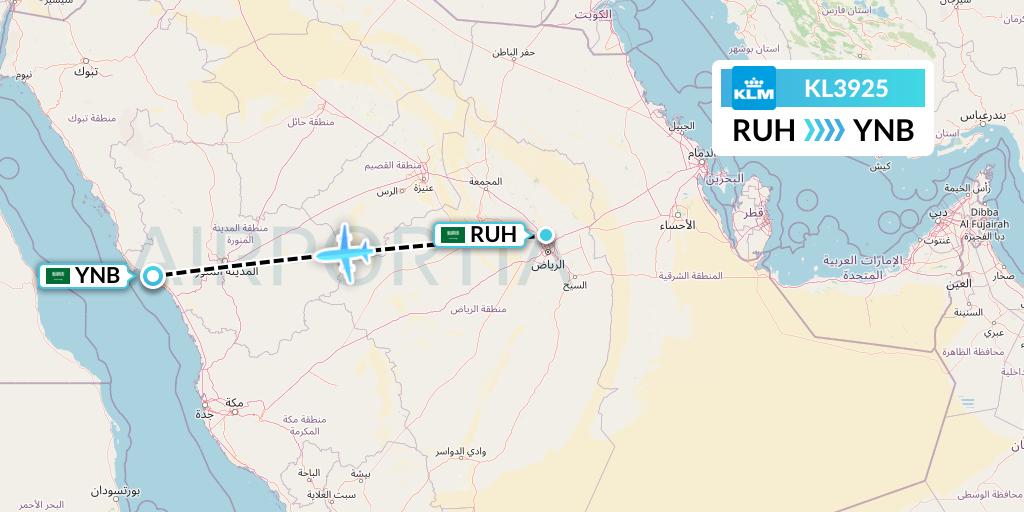 KL3925 KLM Flight Map: Riyadh to Yanbu