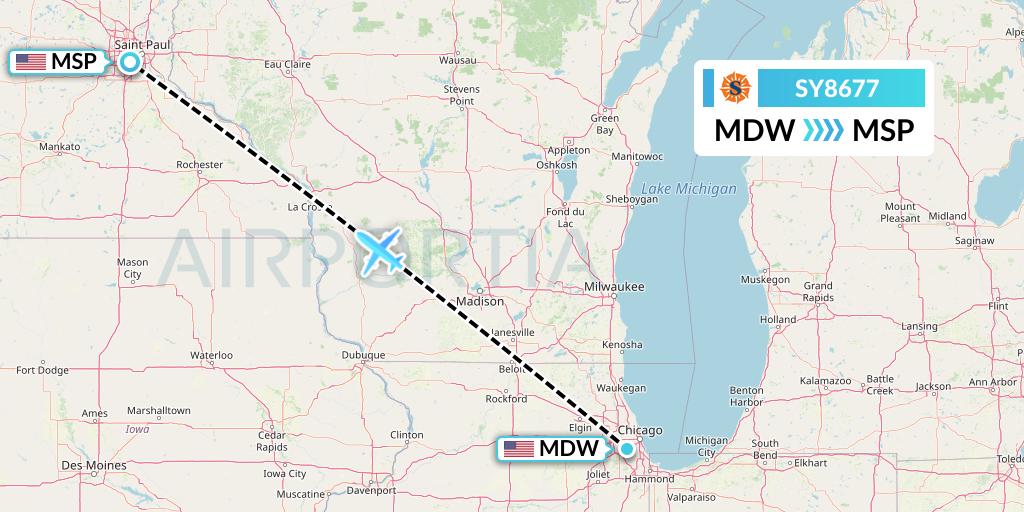 SY8677 Sun Country Airlines Flight Map: Chicago to Minneapolis