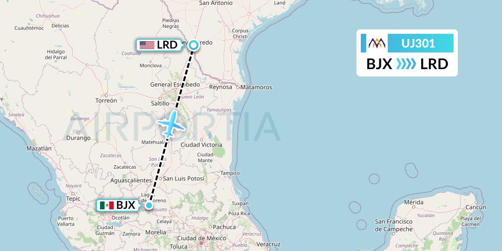 UJ301 AlMasria Universal Airlines Flight Map: Silao to Laredo