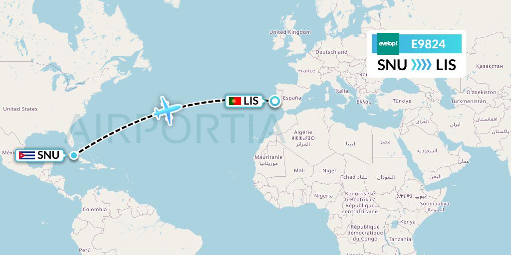 E9824 Evelop Airlines Flight Map: Santa Clara to Lisbon