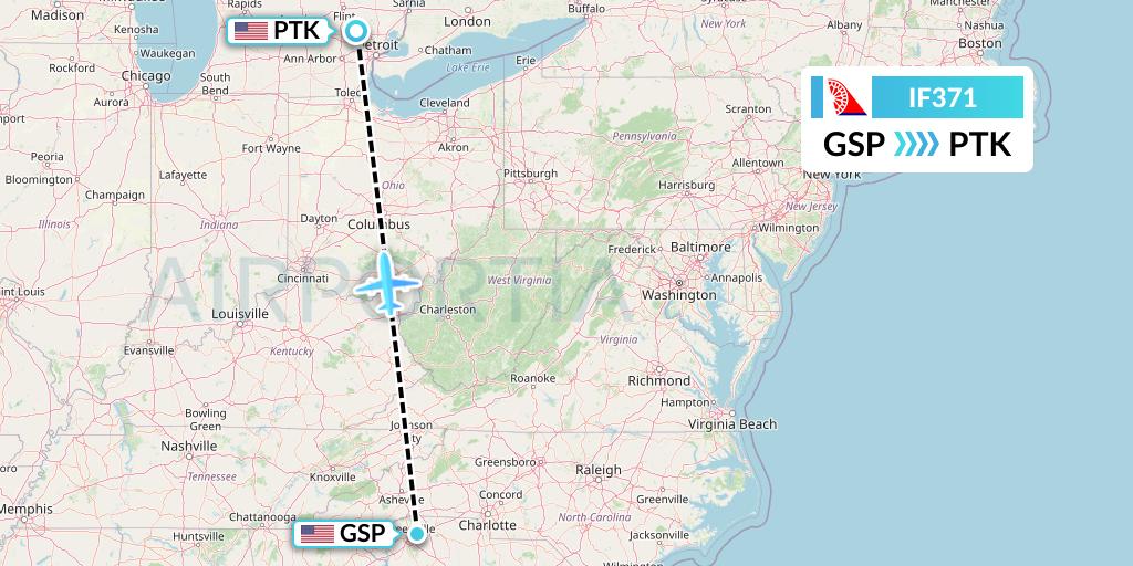 IF371 Fly Baghdad Flight Map: Greenville-Spartanburg to Oakland County