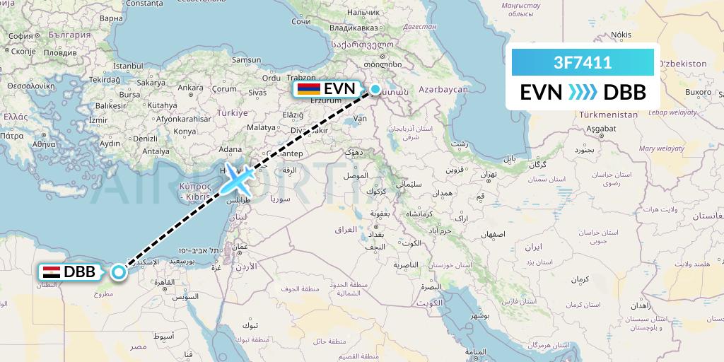 3F7411 Flyone Armenia Flight Map: Yerevan to El Alamein