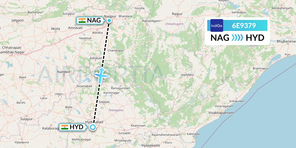 6E9379 IndiGo Airlines Flight Map: Nagpur to Hyderabad