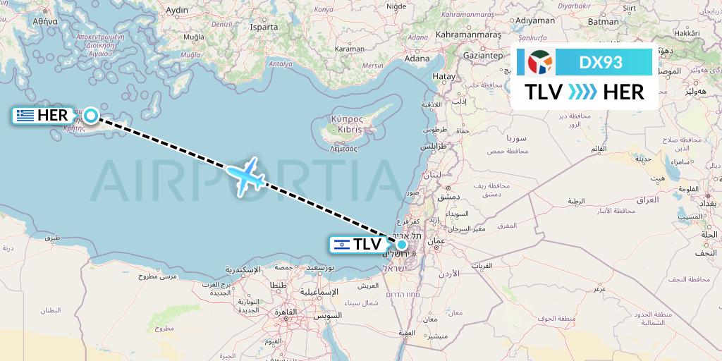 DX93 Danish Air Transport Flight Map: Tel Aviv to Heraklion
