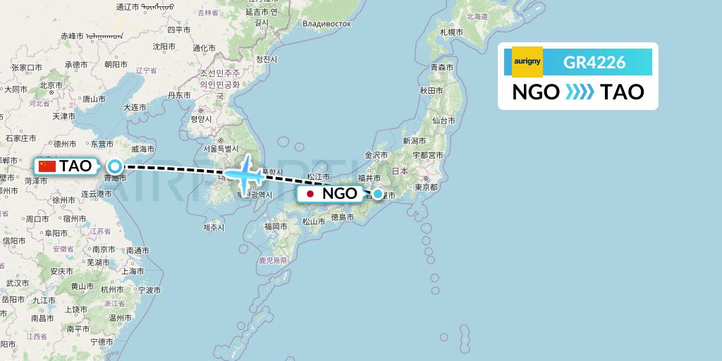 GR4226 Aurigny Air Services Flight Map: Nagoya to Qingdao