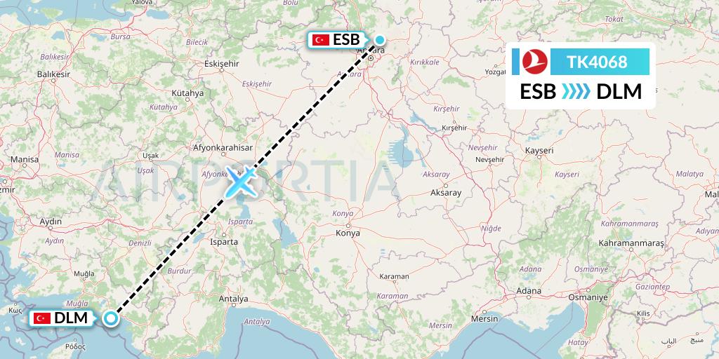 TK4068 Turkish Airlines Flight Map: Ankara to Dalaman