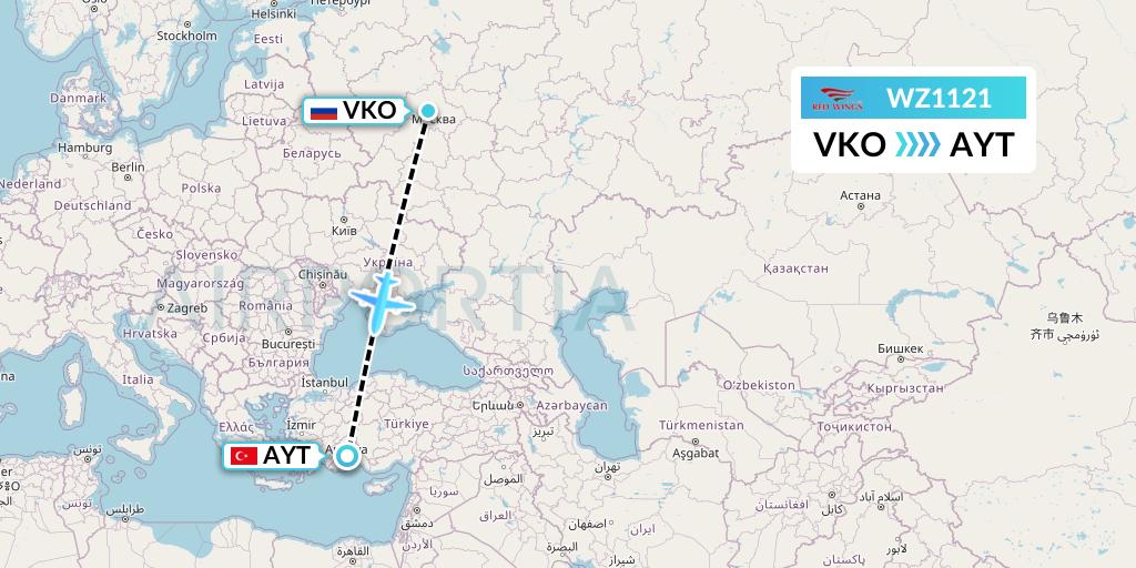 WZ1121 Red Wings Flight Map: Moscow to Antalya