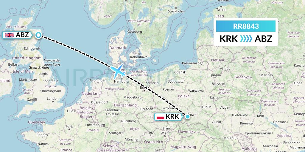 RR8843 Royal Air Force Flight Map: Krakow to Aberdeen