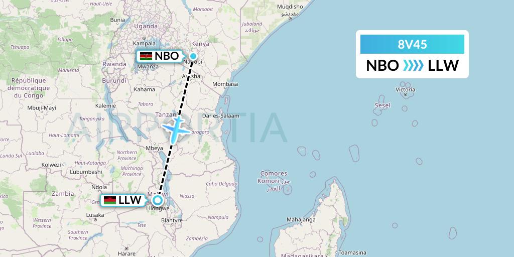 8V45 Wright Air Service Flight Map: Nairobi to Lilongwe