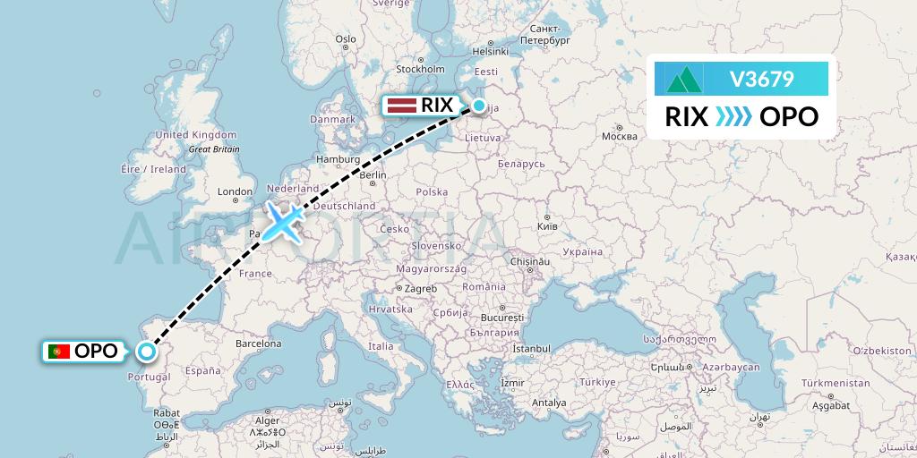 V3679 Carpatair Flight Map: Riga to Porto