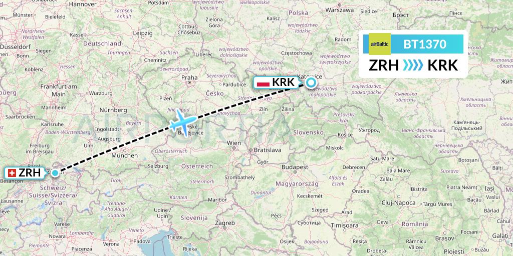 BT1370 Air Baltic Flight Map: Zurich to Krakow