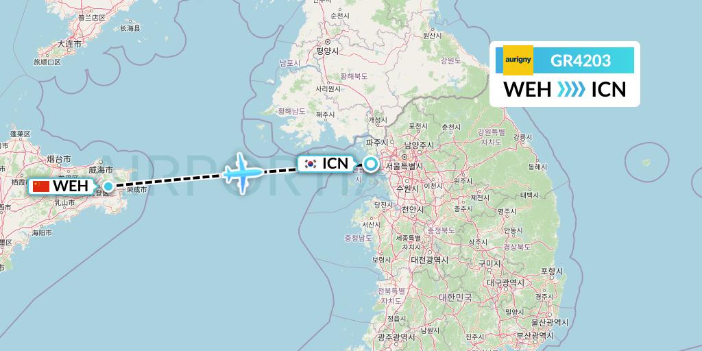 GR4203 Aurigny Air Services Flight Map: Weihai to Seoul