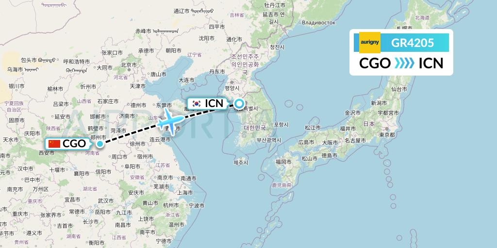 GR4205 Aurigny Air Services Flight Map: Zhengzhou to Seoul