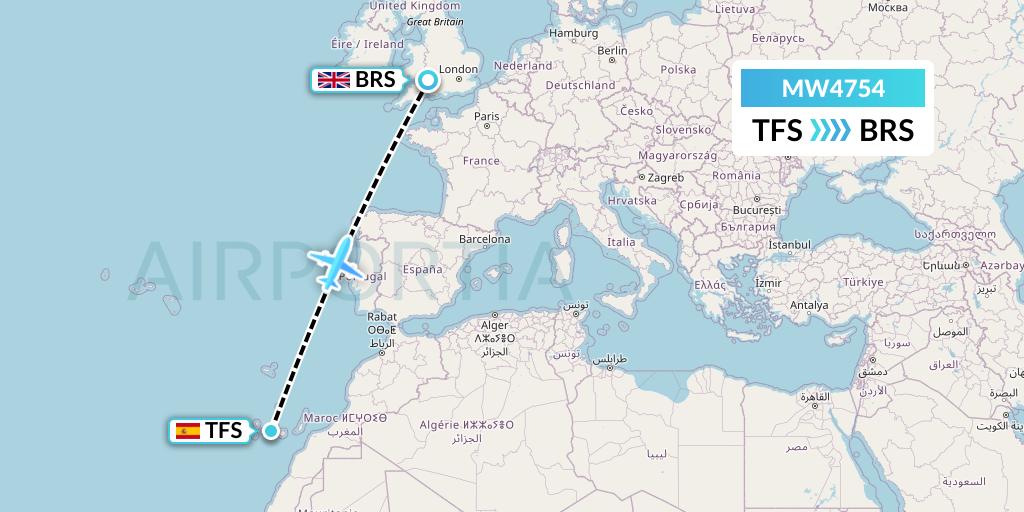 MW4754 Mokulele Flight Service Flight Map: Tenerife to Bristol