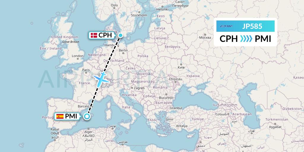 JP585 Adria Airways Flight Map: Copenhagen to Palma de Mallorca