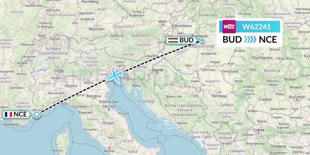 W62241 Wizz Air Flight Map: Budapest to Nice